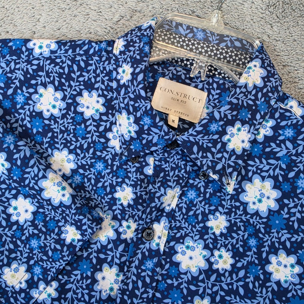 Con.Struct 4 Way Stretch Shirt Mens M Blue Floral Slim Fit Button Short Sleeve
